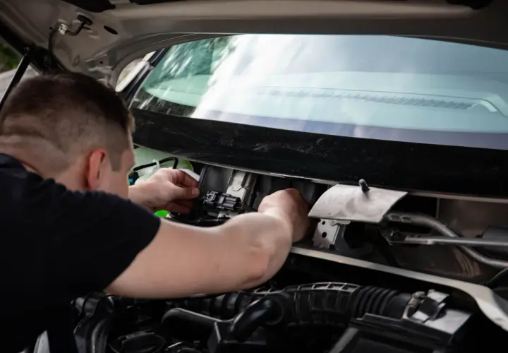 Mechanik sprawdza wiązkę w samochodzie, podłączając złącze elektryczne w komorze silnika.