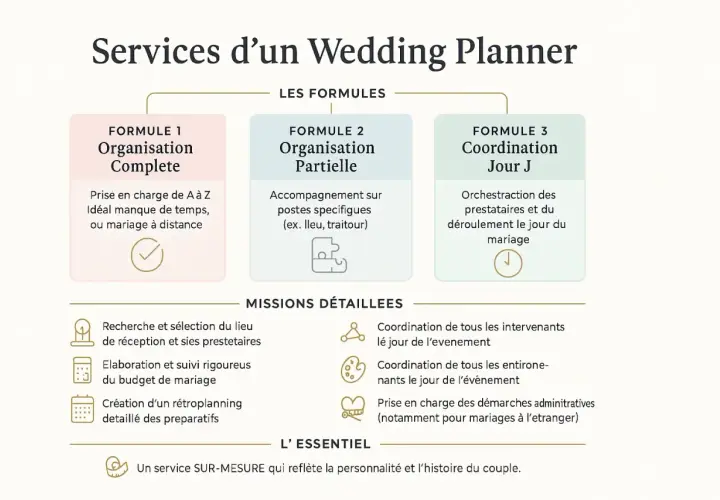 Services d'un wedding planner : 3 formules pour votre planning mariage, de l'organisation complète à la coordination du Jour J.