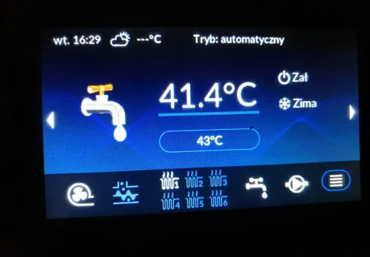Na piecu widoczna jest aktualna jaka temperatura cwu: 41.4°C, z możliwością ustawienia 43°C. Tryb automatyczny.