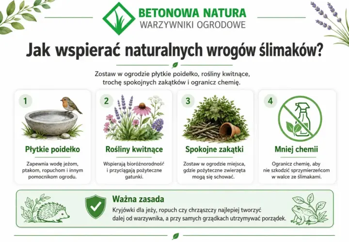 Jak wspierać naturalnych wrogów ślimaków? Płytkie poidełko, rośliny kwitnące, spokojne zakątki i mniej chemii pomogą w walce ze ślimakami.