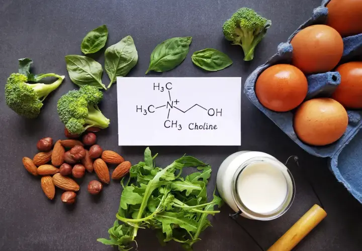 Broccoli, eggs, nuts, arugula, milk e la formula chimica della colina, un nutriente essenziale per il cervello.