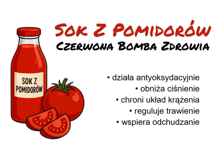 Sok z pomidorów to czerwona bomba zdrowia. Działa antyoksydacyjnie, obniża ciśnienie, chroni układ krążenia, reguluje trawienie i wspiera odchudzanie.