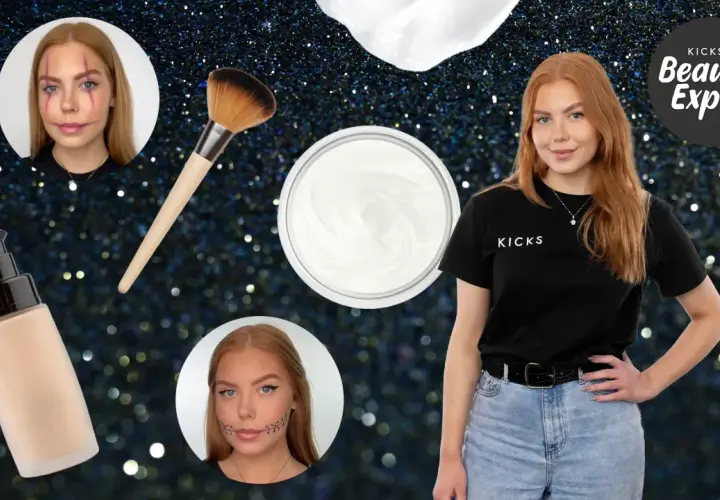 KICKS Beauty Expert visar en halloween målning ansikte med sår och stygn. Sminkprodukter och borste syns.