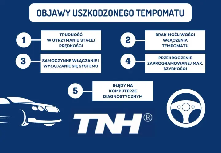 Objawy uszkodzonego tempomatu: trudność w utrzymaniu prędkości, samoczynne włączanie/wyłączanie, brak możliwości włączenia, przekroczenie prędkości, błędy diagnostyczne.