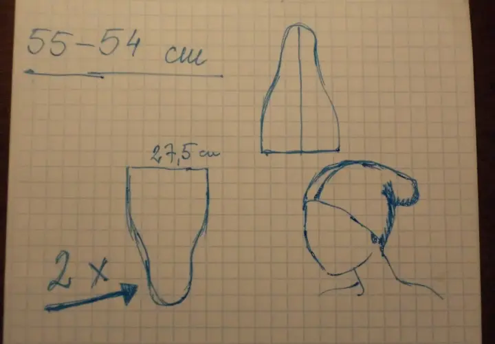 Szkic instrukcji, jak uszyć czapkę smerfa: wymiary 55-54 cm, dwa kawałki materiału 27,5 cm, szablon czapki i głowy.