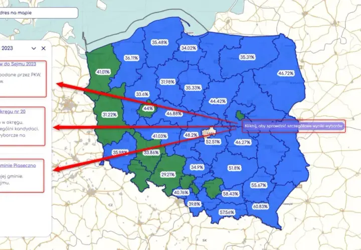 Mapa Polski z zaznaczonymi okręgami wyborczymi do Sejmu i procentami głosów. Kliknij, by sprawdzić szczegółowe wyniki wyborów.