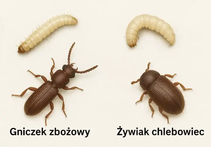 Małe robaczki: gniczek zbożowy i żywiak chlebowiec, oba w formie larwy i dorosłej.