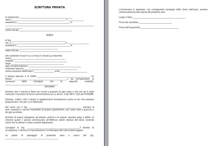 Documento di scrittura privata per la vendita di un'auto, con dettagli sul venditore, acquirente e veicolo.