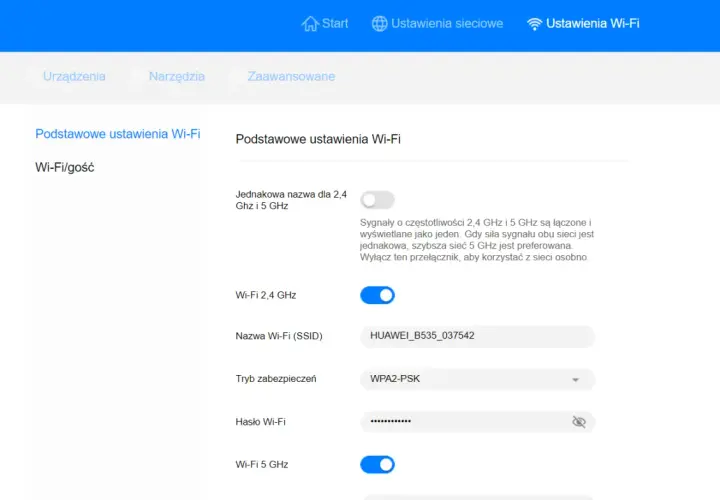 Ustawienia Wi-Fi: sprawdź, jak sprawdzić ile GHz ma Wi-Fi, wybierając między 2,4 GHz a 5 GHz.