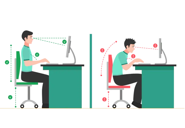 Dwa przykłady siedzenia przy biurku: po lewej prawidłowa postawa, po prawej zła. Kluczowa jest ergonomia.