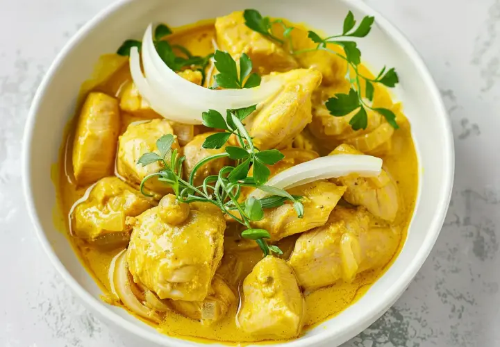 En krämig panang curry med kycklingbitar, lök och färsk persilja i en vit skål.