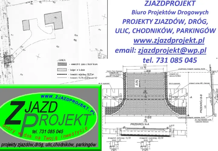 Projekt zjazdu z drogi gminnej bez zgłoszenia, z elementami drogi, chodnika i parkingu.