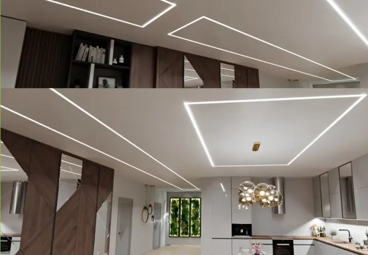 Nowoczesne sufity podwieszane z taśmą LED tworzą eleganckie linie świetlne, idealne do każdego wnętrza.