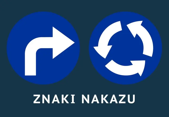 Dwa niebieskie okręgi z białymi strzałkami: jedna zakręca w prawo, druga pokazuje ruch okrężny. Podpis: ZNAKI NAKAZU.
