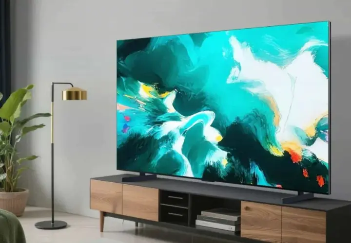 Nowoczesny salon z telewizorem TCL C8K wyświetlającym abstrakcyjny obraz. Obok stoi lampa i rośliny.
