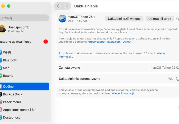 Uaktualnienie macOS Tahoe 26.1 jest gotowe do instalacji. Możesz je uaktualnić dziś w nocy lub teraz, aby cieszyć się nowymi funkcjami.