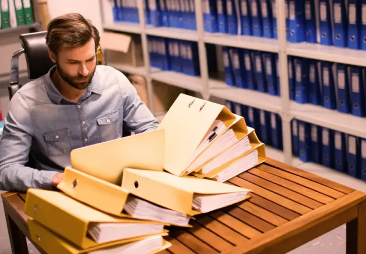 Un homme examine des dossiers dans un **archive papier**. Des étagères remplies de classeurs bleus et verts s'étendent à l'arrière-plan.