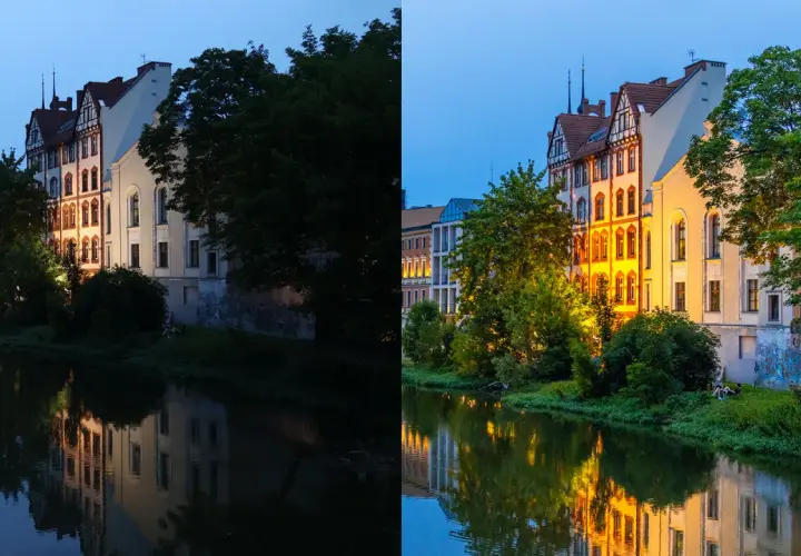 Porównanie **raw vs jpg**: ciemny, surowy obraz po lewej kontrastuje z jasnym, przetworzonym po prawej, ukazując budynki nad rzeką w wieczornym świetle.