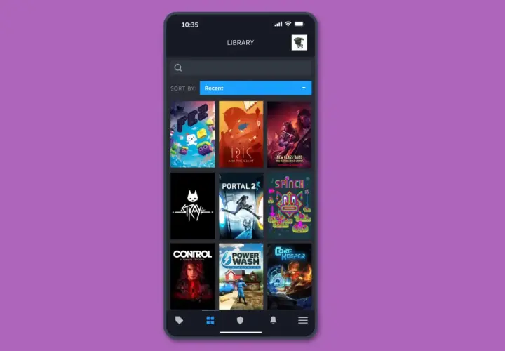 Aplikacja Steam na telefonie pokazuje bibliotekę gier, co sugeruje, że można grać w gry ze Steam na telefonie.