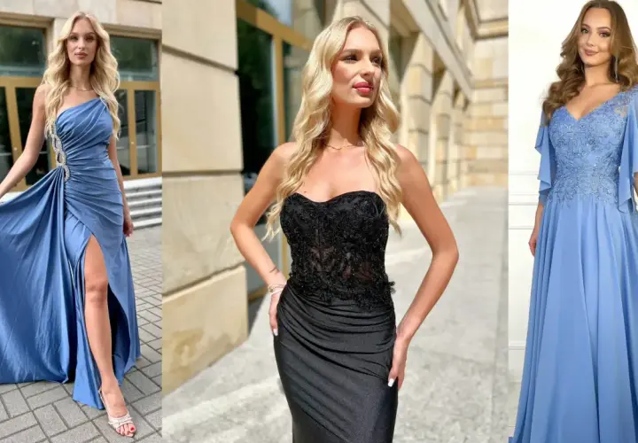 Trzy kobiety w eleganckich sukniach: niebieskiej asymetrycznej, czarnej gorsetowej i błękitnej z koronką.