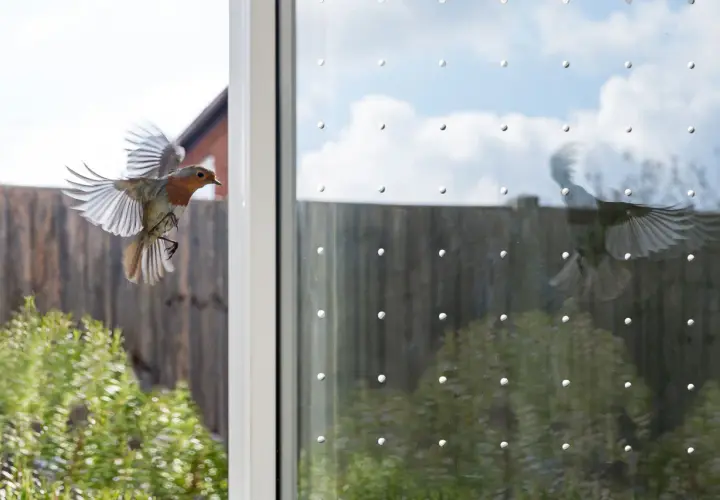 Ein Rotkehlchen fliegt auf ein Fenster zu, das mit Punkten für Vogelschutz versehen ist. Eine einfache Lösung, um Vogelschlag zu vermeiden.