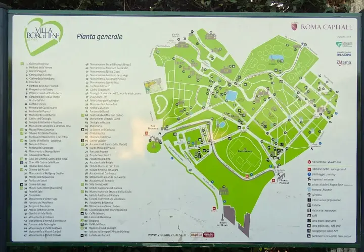 Plan général de la Villa Borghese, idéal pour une visite. Découvrez les fontaines, monuments et musées de ce parc romain.