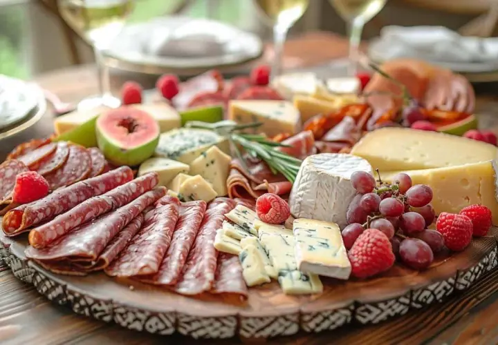 Plateau de charcuterie et fromages variés, fruits rouges et raisins. Une belle idée repas pour un apéritif gourmand.