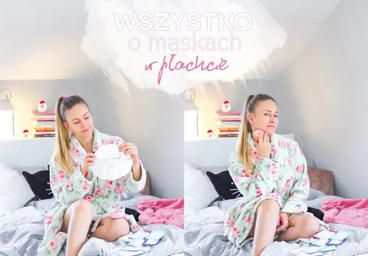 Czy po maseczce w płachcie nakłada się krem? Kobieta w szlafroku pokazuje maskę i urządzenie do pielęgnacji twarzy.