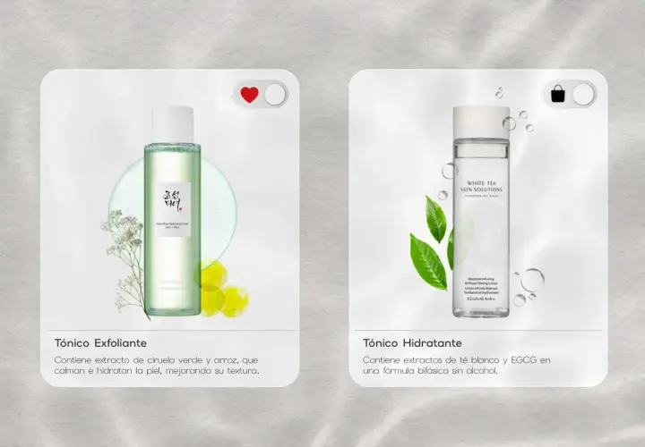 Tónico exfoliante con ciruela verde y arroz para calmar e hidratar. Tónico hidratante con té blanco y EGCG, ideal para saber para que sirve el tonico facial.