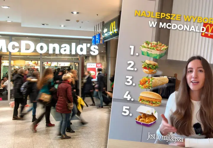 Ranking "Najlepsze wybory w McDonald's", gdzie widać wejście do restauracji i listę dań, od sałatki po nuggetsy. Sprawdzamy, co ma najmniej kalorii w Mc.
