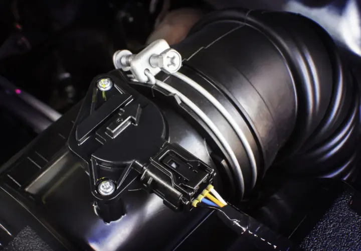 Schwarzer Ladedrucksensor mit Kabeln an einem Ansaugschlauch im Motorraum.