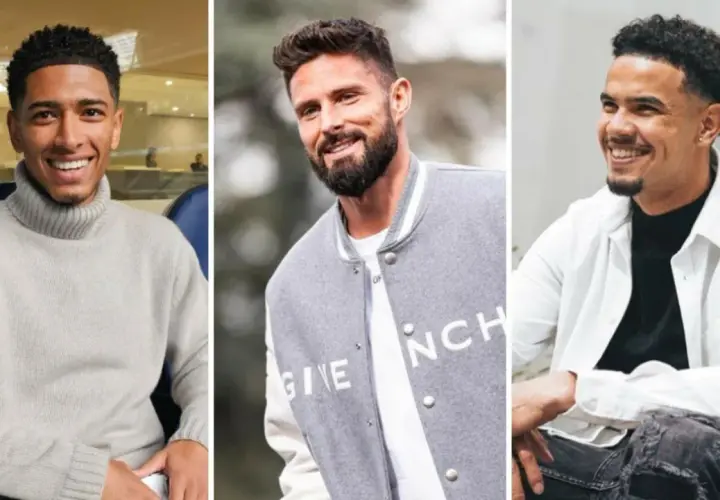 Trzech przystojnych piłkarzy: Jude Bellingham, Olivier Giroud i Mason Mount, uśmiechają się do obiektywu.