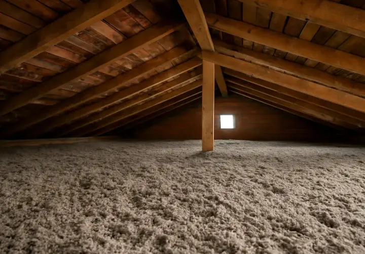 Solaio non calpestabile con isolamento in fibra. Travi in legno e un piccolo lucernario illuminano l'ambiente.