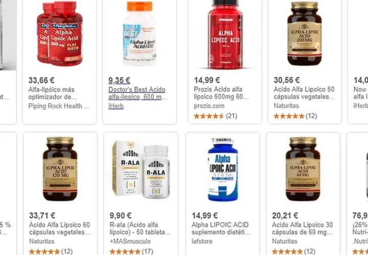 Varias botellas y cajas de suplementos de ácido alfa lipoico en diferentes marcas y presentaciones.