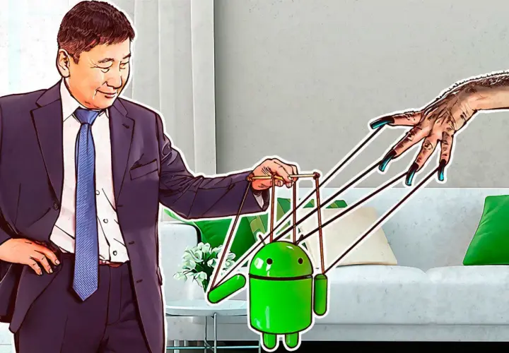 Mężczyzna w garniturze steruje Androidem jak marionetką, podczas gdy inna dłoń z długimi pazurami również pociąga za sznurki, sugerując kontrolę nad systemem, nawet na poziomie root.