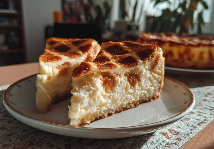 Dwa kawałki puszystego sernika krakowskiego z kratką z ciasta na wierzchu, podane na talerzyku.