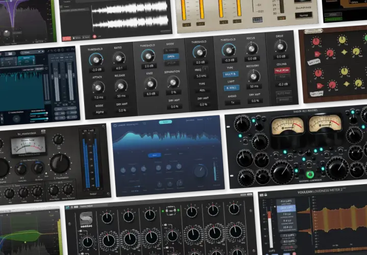 Eine Collage aus Audio-Plugins, die das Mastering von Musik mit verschiedenen Werkzeugen wie Kompressoren und EQs zeigt.