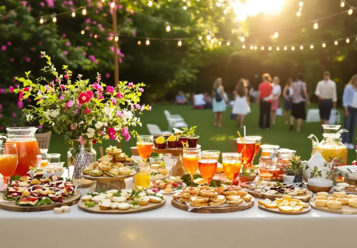 Un apéro dinatoire d'anniversaire en extérieur, avec des boissons colorées, des petits fours et des toasts. Des guirlandes lumineuses illuminent la scène.