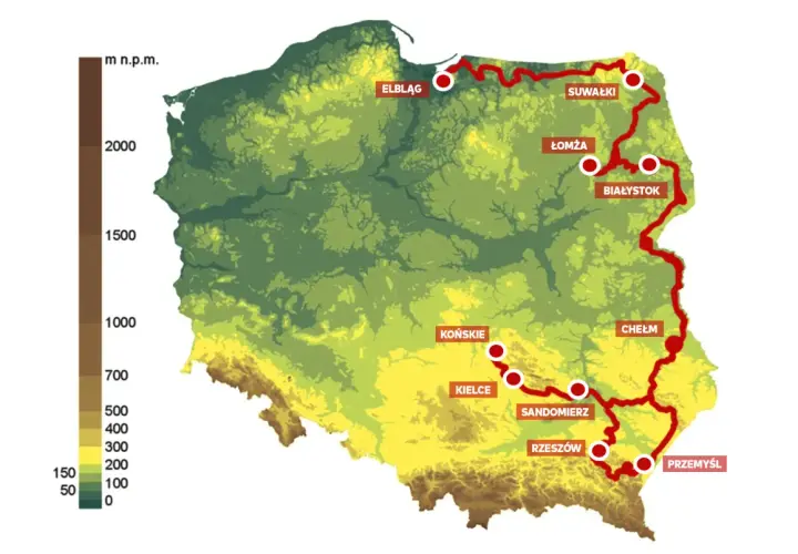 Mapa Polski z zaznaczoną trasą rowerową zieloną, biegnącą od Elbląga przez Suwałki, Białystok, Łomżę, Chełm, Sandomierz, Rzeszów, Przemyśl, Kielce i Końskie.