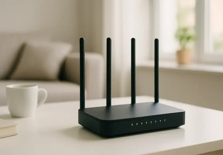 Czarny router z antenkami na białym stole, obok kubek i książka. Zastanawiasz się, ile prądu zużywa router?