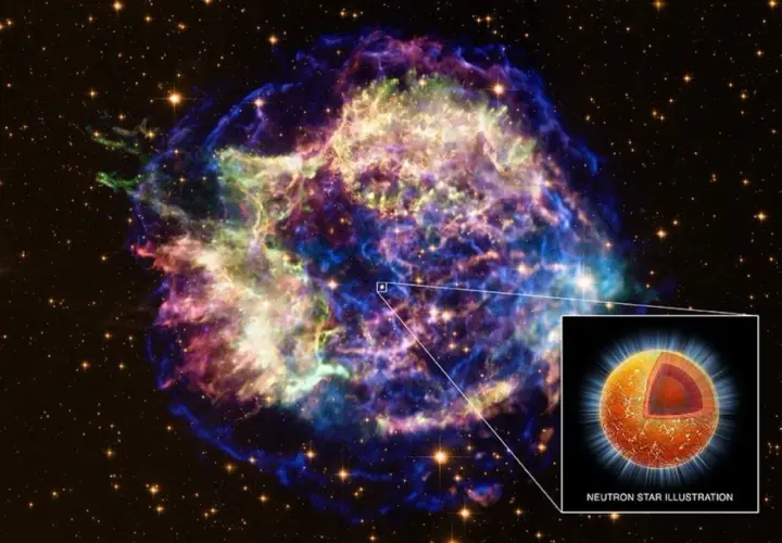 Kolorowa mgławica kosmiczna, w której znajduje się gwiazda neutronowa. Jej masa jest ogromna, porównywalna do masy Saturna.