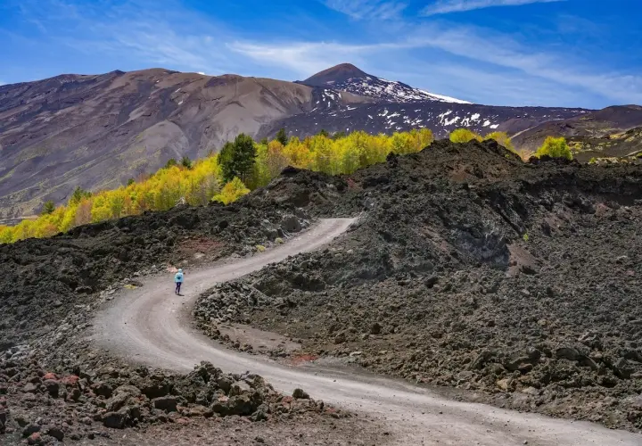 Sentiero tortuoso su Etna, ideale per una **randonnée Etna sans guide**. Paesaggio lunare con rocce laviche e vegetazione autunnale.