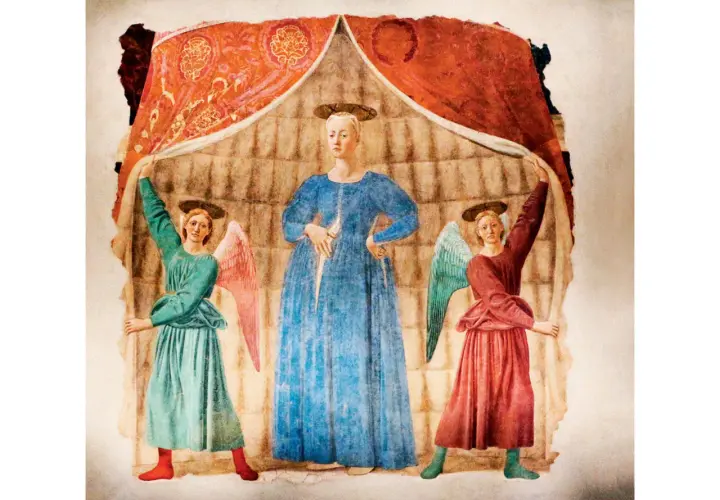 Dwie anielice podtrzymują zasłonę, odsłaniając Madonnę w błękitnej sukni. Dzieło Piero della Francesca.