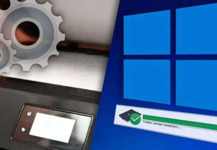 Scanner-App für Windows 11 wird installiert. Zahnräder und ein Drucker deuten auf die Einrichtung hin.