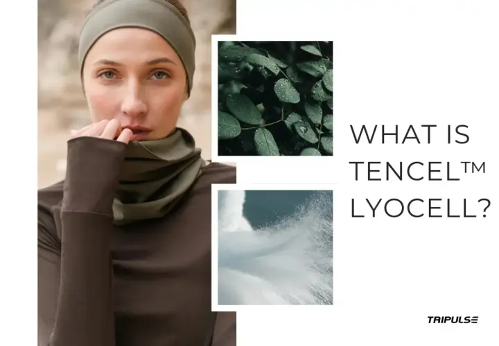 A woman wears a headband and cowl neck made of soft lyocell fabric. Images of leaves and fibers hint at the material's natural origins.