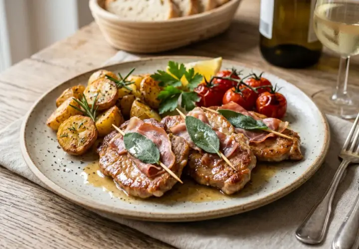 Saltimbocca mit Rosmarinkartoffeln und Kirschtomaten, dazu ein Glas Weißwein.