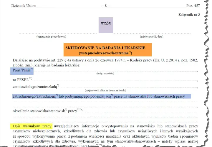 Skierowanie na badania lekarskie dla pracownika, zawierające dane osobowe, stanowisko pracy i opis warunków pracy.
