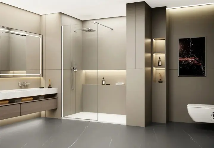 Salle de bain moderne avec douche à l'italienne spacieuse, lavabo suspendu et WC. La **dimension douche italienne** est optimisée pour un confort maximal.