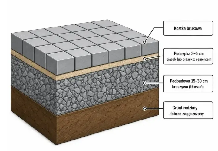 Warstwy pod kostkę brukową: podsypka z piasku z cementem, podbudowa z kruszywa. Suchy beton pod kostkę proporcje kluczowe dla trwałości.