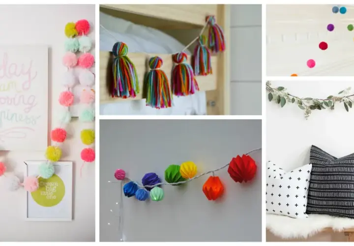 Guirnalda navidad manualidades: pompones de colores, borlas, esferas de papel y ramas de eucalipto.